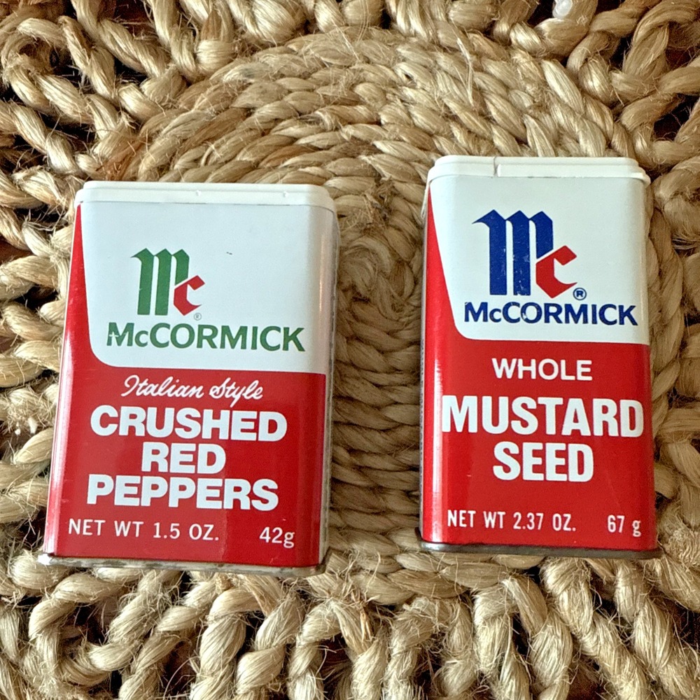 Vintage McCormick Spice Tins– Mustard Seed & Crushed Red Pepper –1979–1980 Retro